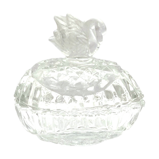Pressed Glass Trinket Box With Frosted Swan - Vintage  3.5"