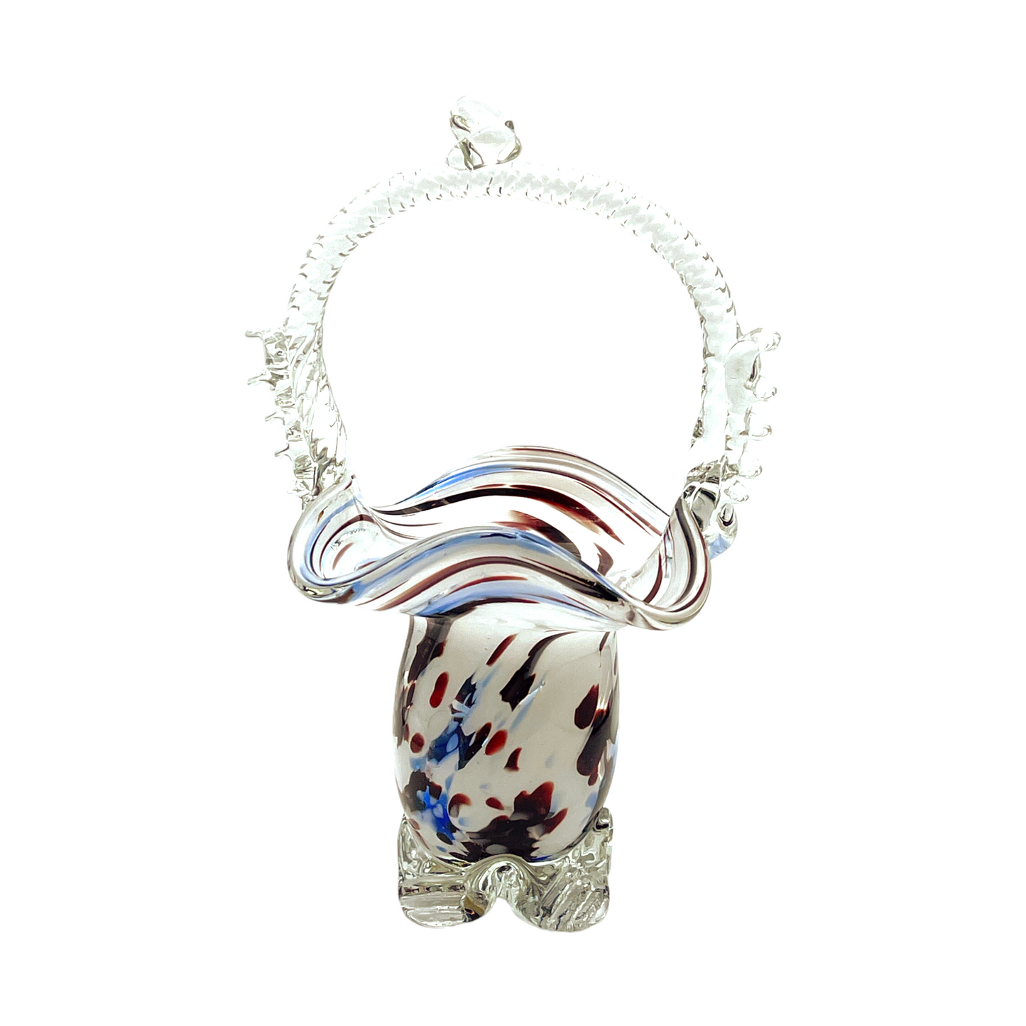 Vintage Murano Art Glass Basket - Splatter of Red, White, & Blue - 7"