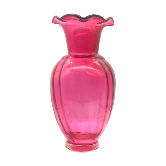 Pilgrim Glass - Cranberry Optic Panel Ruffle Edge Vase - Vintage - 9"