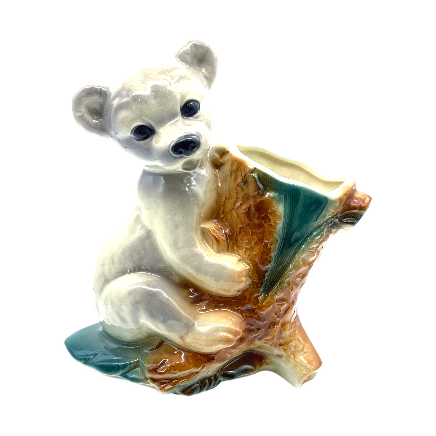 Royal Copley - Bear Cub Clinging On Stump - 8.5"