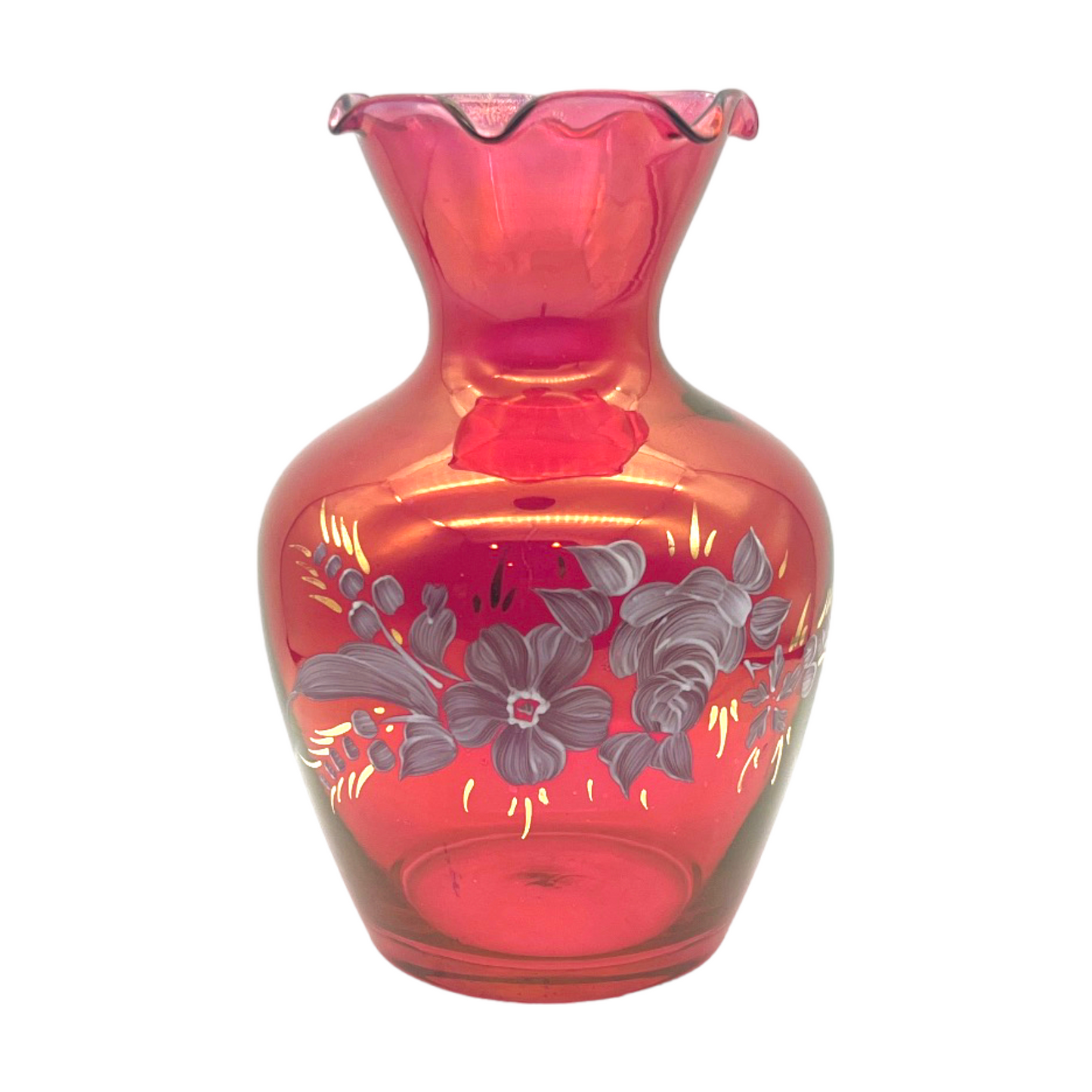 Melon Elegance - Hand Painted Cranberry Ruffle Edge Vase - 6.5"