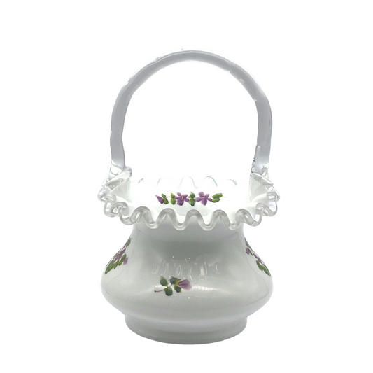 Fenton Art Glass - Violets In The Snow Silver Crest Basket - 7.5"