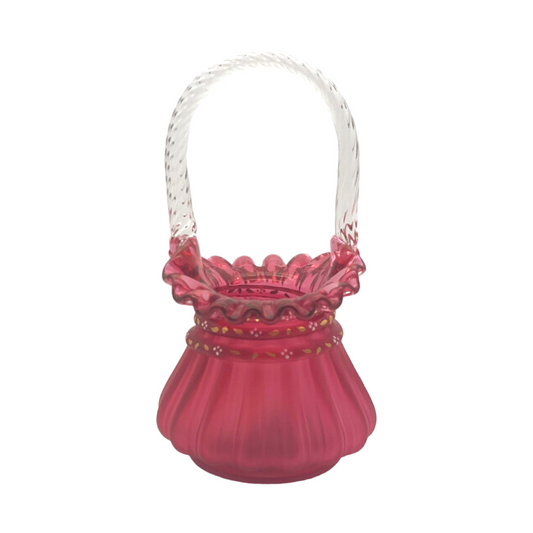 Fenton Art Glass - Cornshuck Wheat Cranberry Basket - Signed B Salle - Ltd - 8"