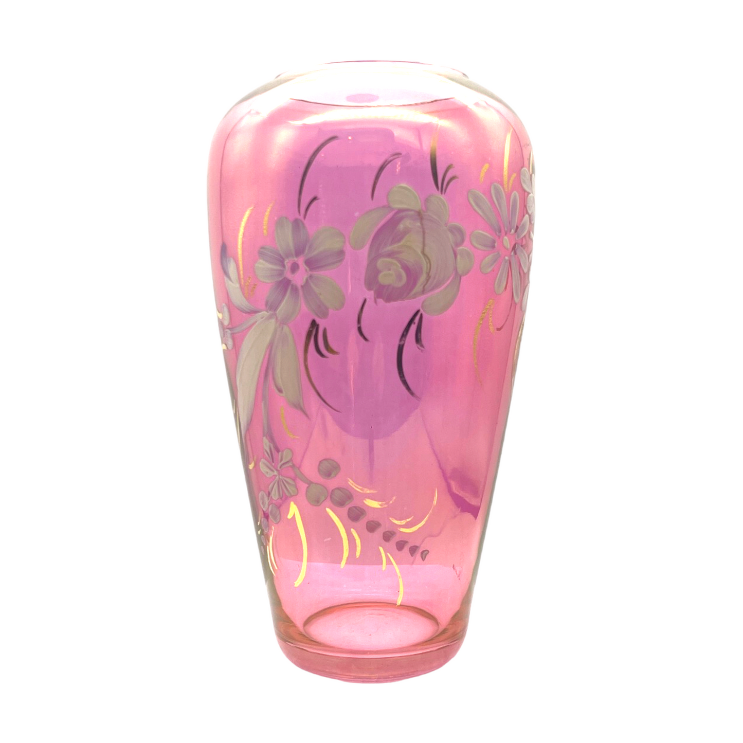 Elegant Vintage Cranberry Vase: Hand-Painted Beauty with Gold Accents
