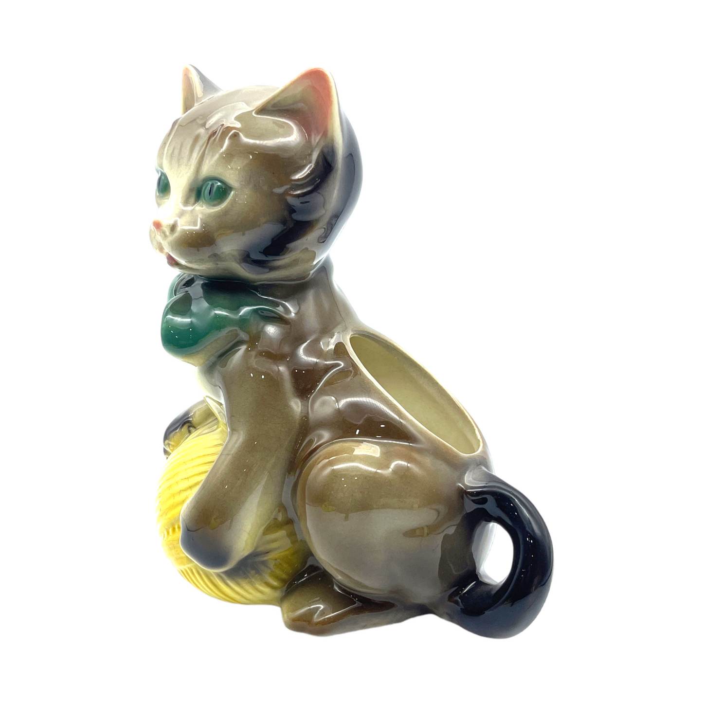 Royal Copley - Kitten With Yellow Ball Of Yarn Planter - Vintage - 8"