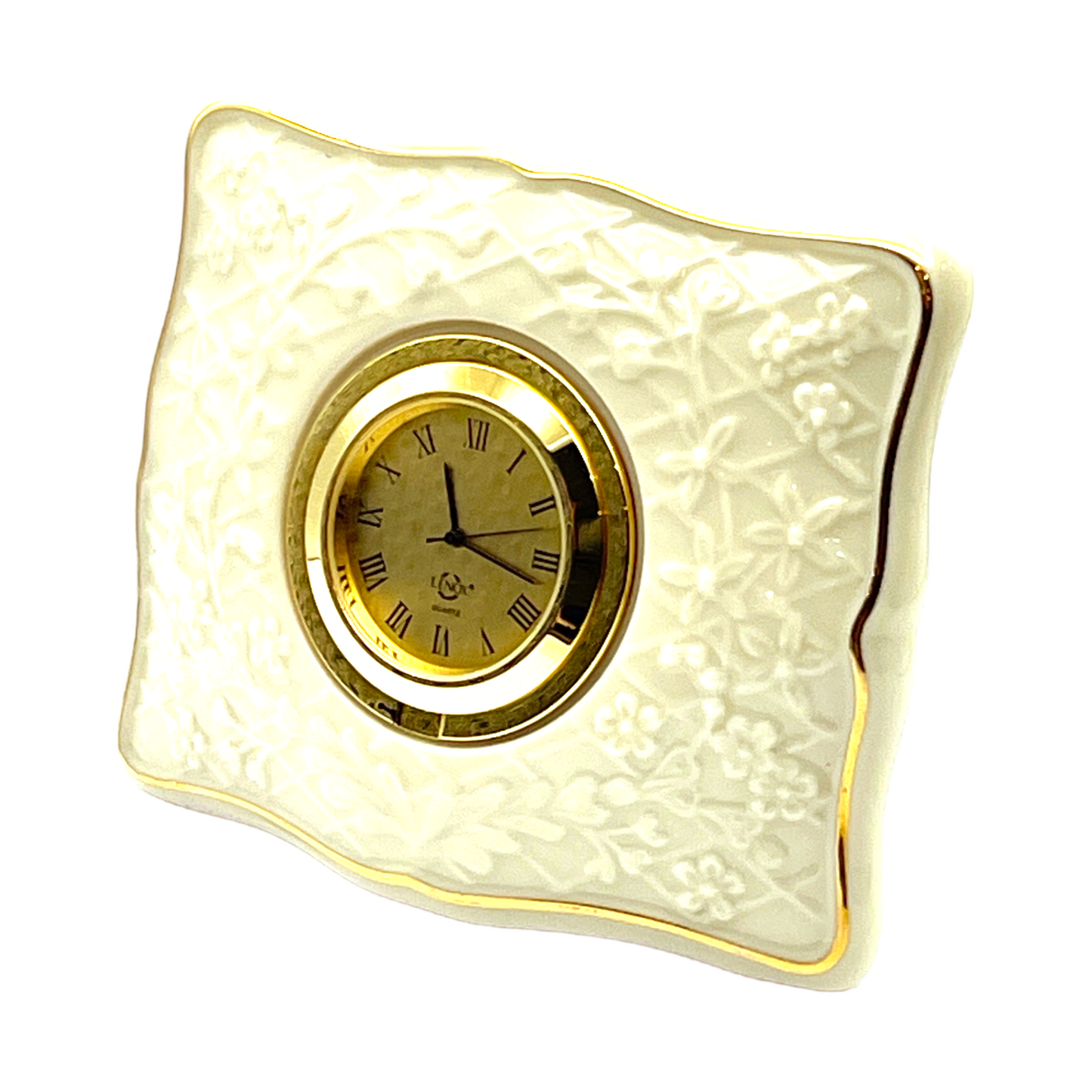 Lenox China - Floral Embossed Small Gold Tone Desk/Table Clock. - Vintage - 3"