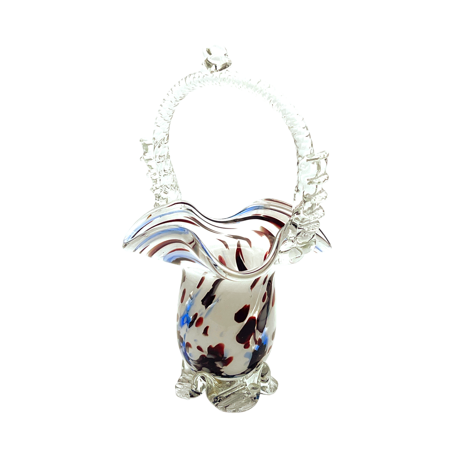 Vintage Murano Art Glass Basket - Splatter of Red, White, & Blue - 7"