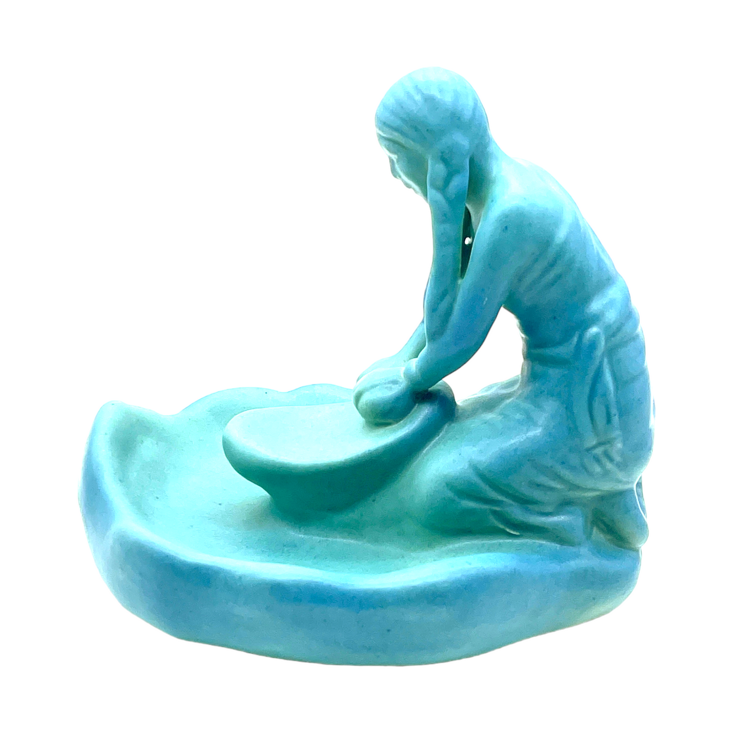 Van Briggle Potter - Ming Blue Indian Girl Grinding Corn - Vintage - Mint - 6"