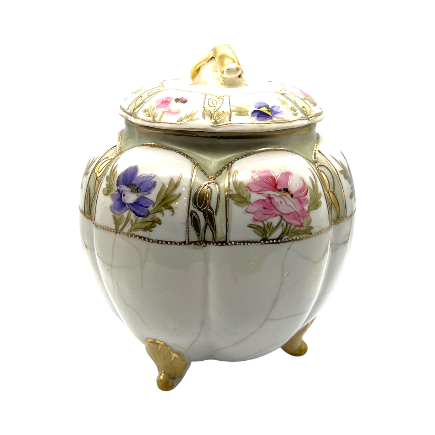Nippin China - Biscut Jar Nouveau Gold Gilt & Floral Motif -1900's - 8"