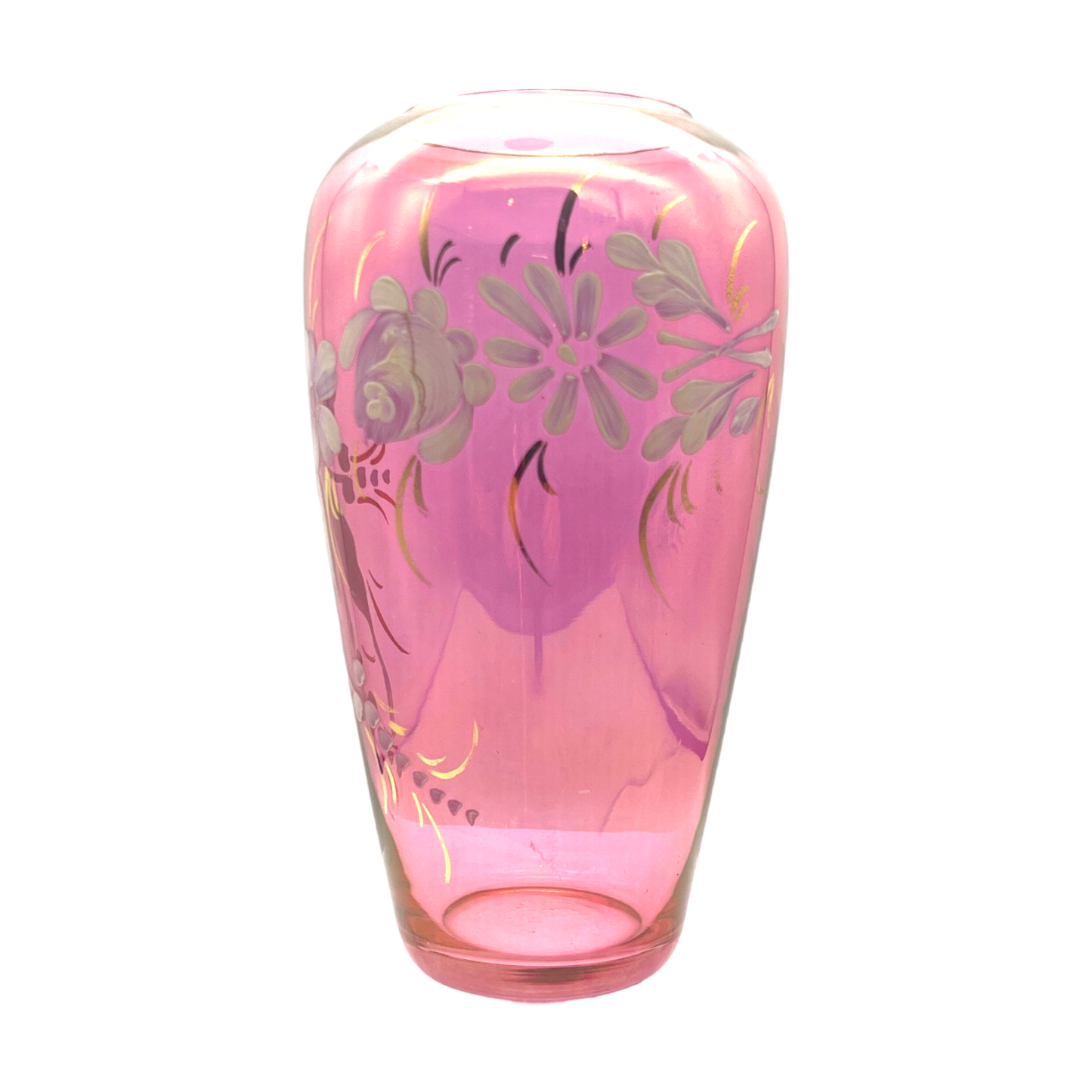 Elegant Vintage Cranberry Vase: Hand-Painted Beauty with Gold Accents