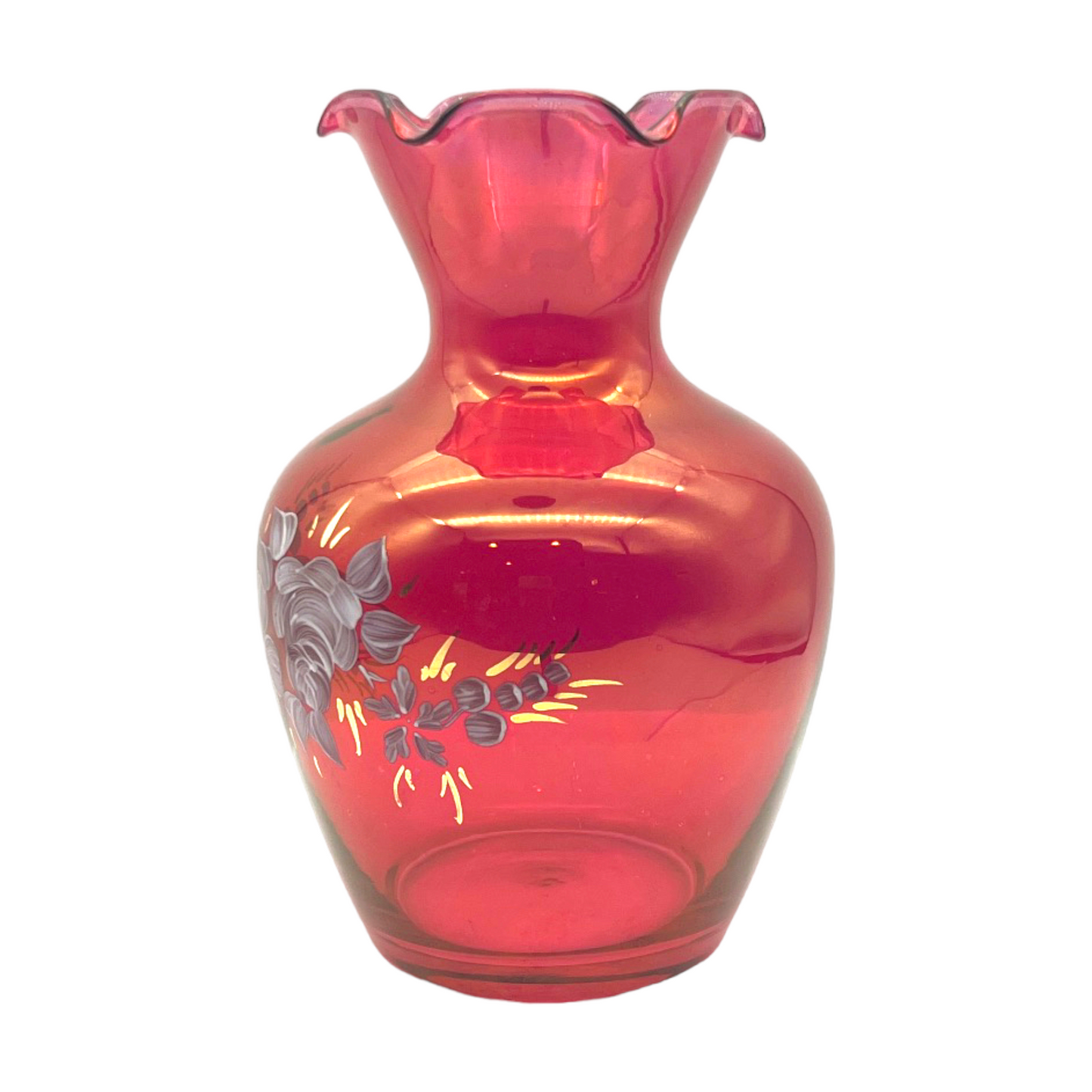 Melon Elegance - Hand Painted Cranberry Ruffle Edge Vase - 6.5"