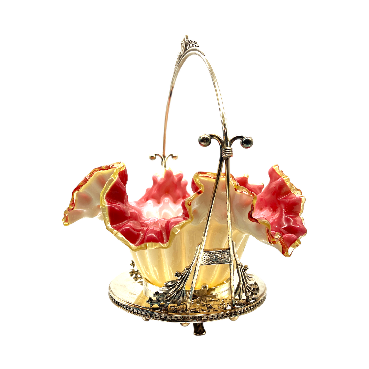 Opalescent Elegance: Cranberry Cased Glass Bridal Basket