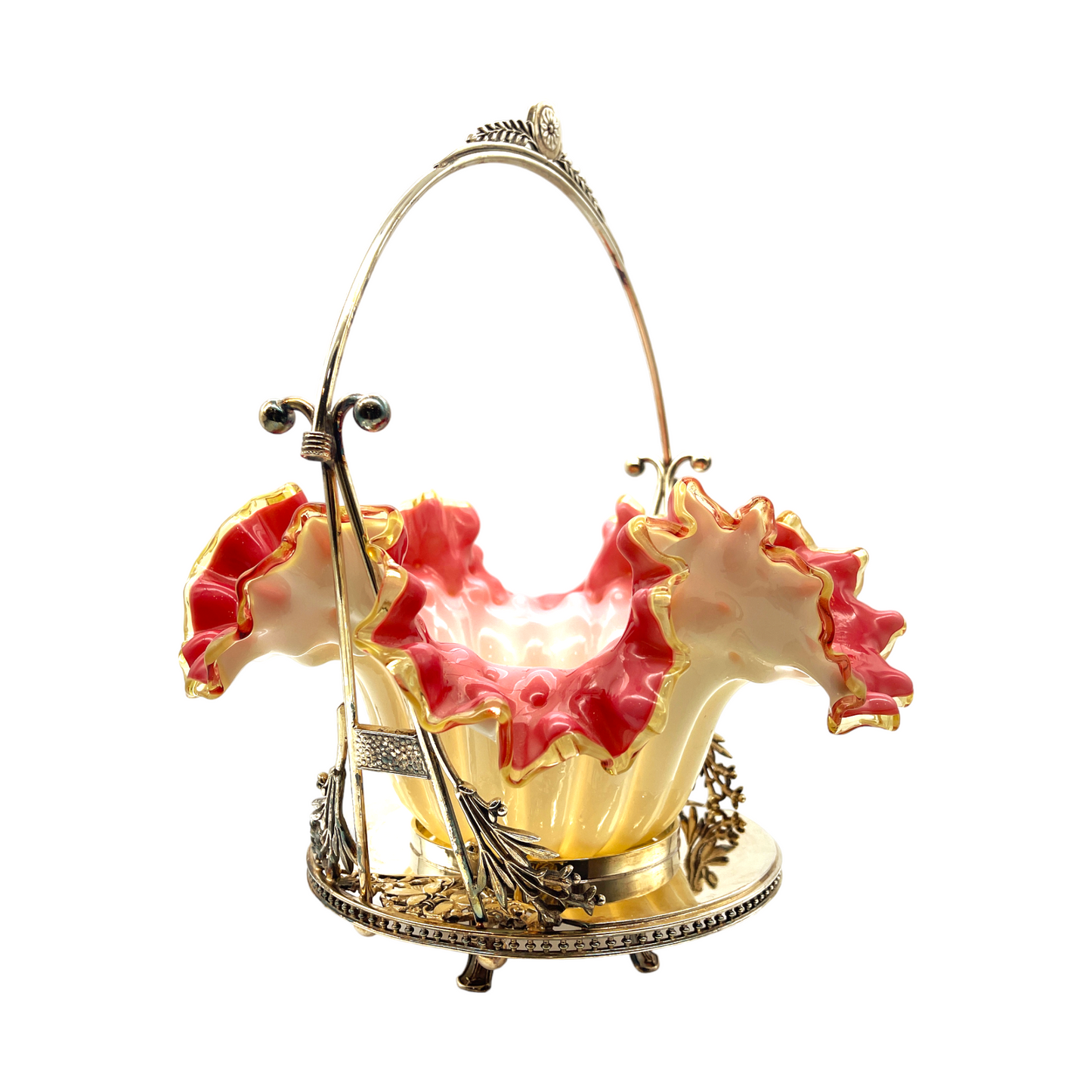 Opalescent Elegance: Cranberry Cased Glass Bridal Basket