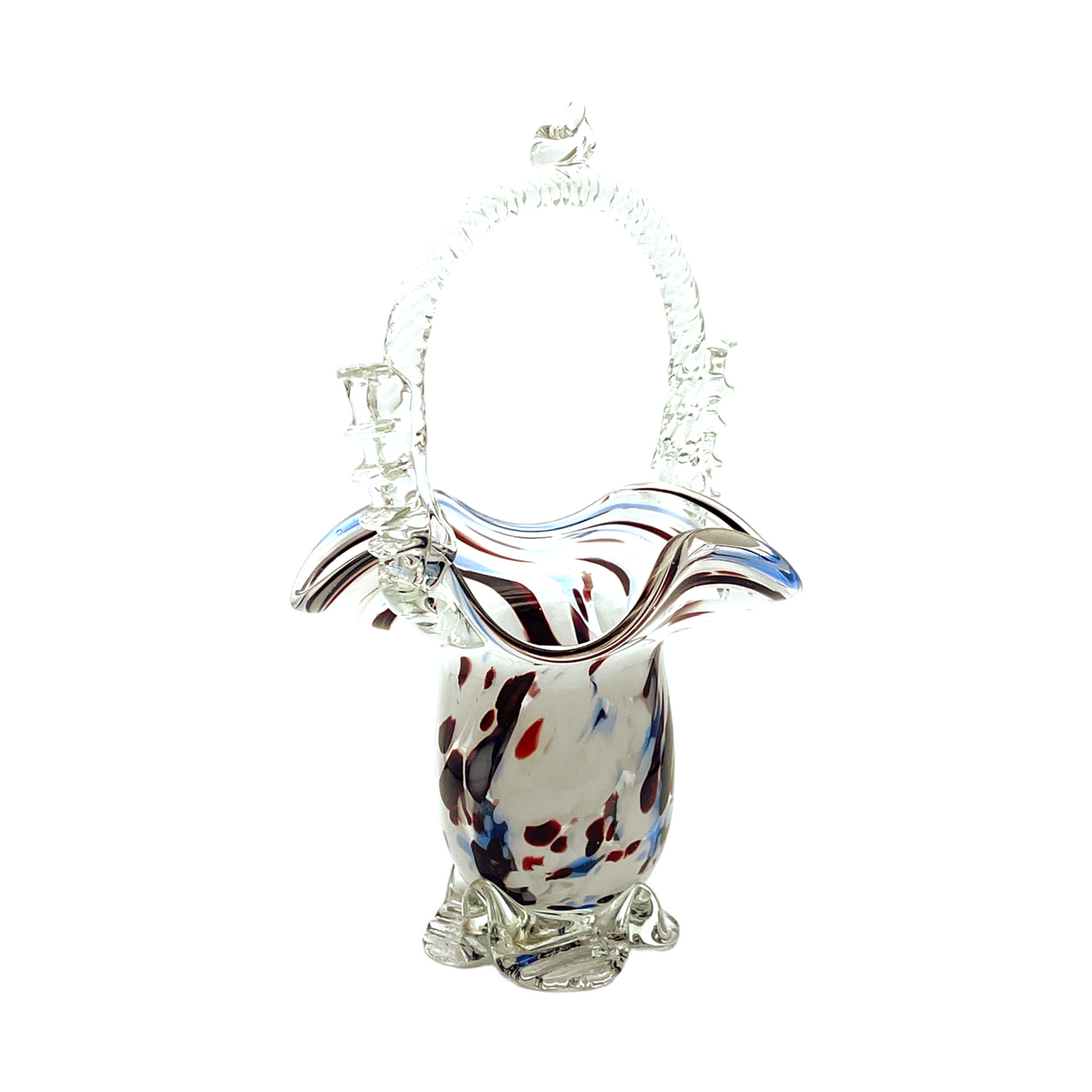 Vintage Murano Art Glass Basket - Splatter of Red, White, & Blue - 7"