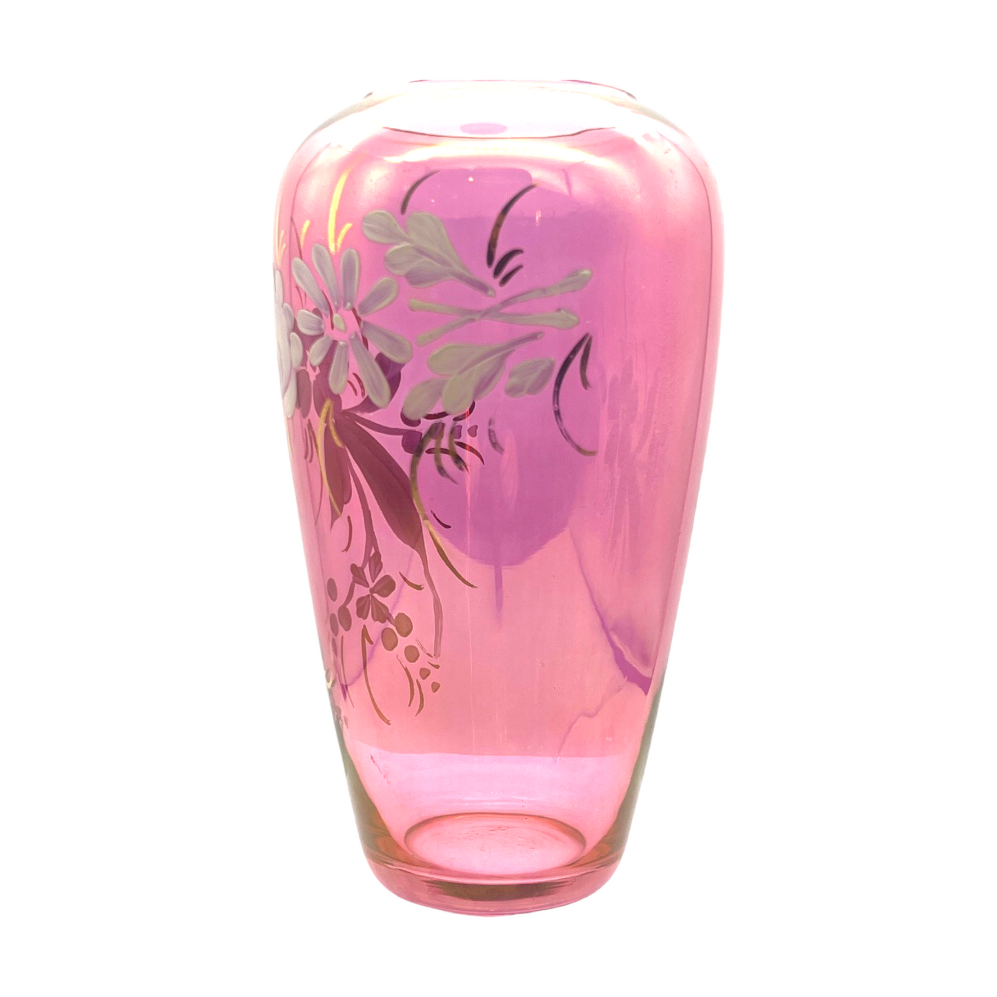 Elegant Vintage Cranberry Vase: Hand-Painted Beauty with Gold Accents