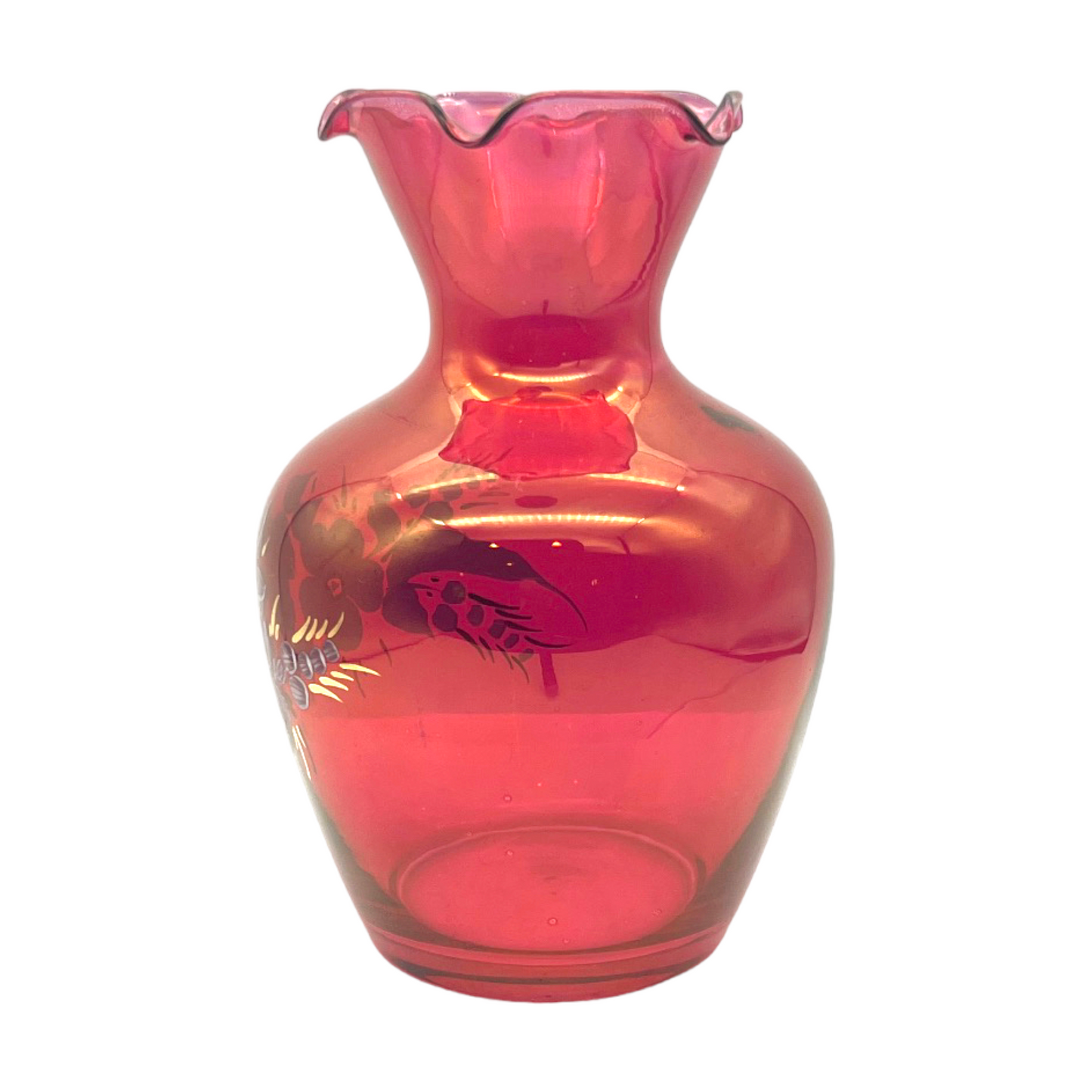 Melon Elegance - Hand Painted Cranberry Ruffle Edge Vase - 6.5"