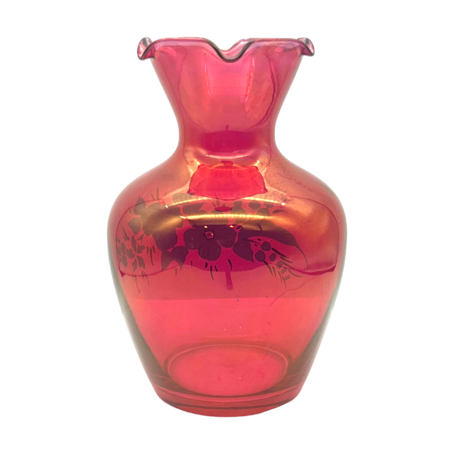 Melon Elegance - Hand Painted Cranberry Ruffle Edge Vase - 6.5"