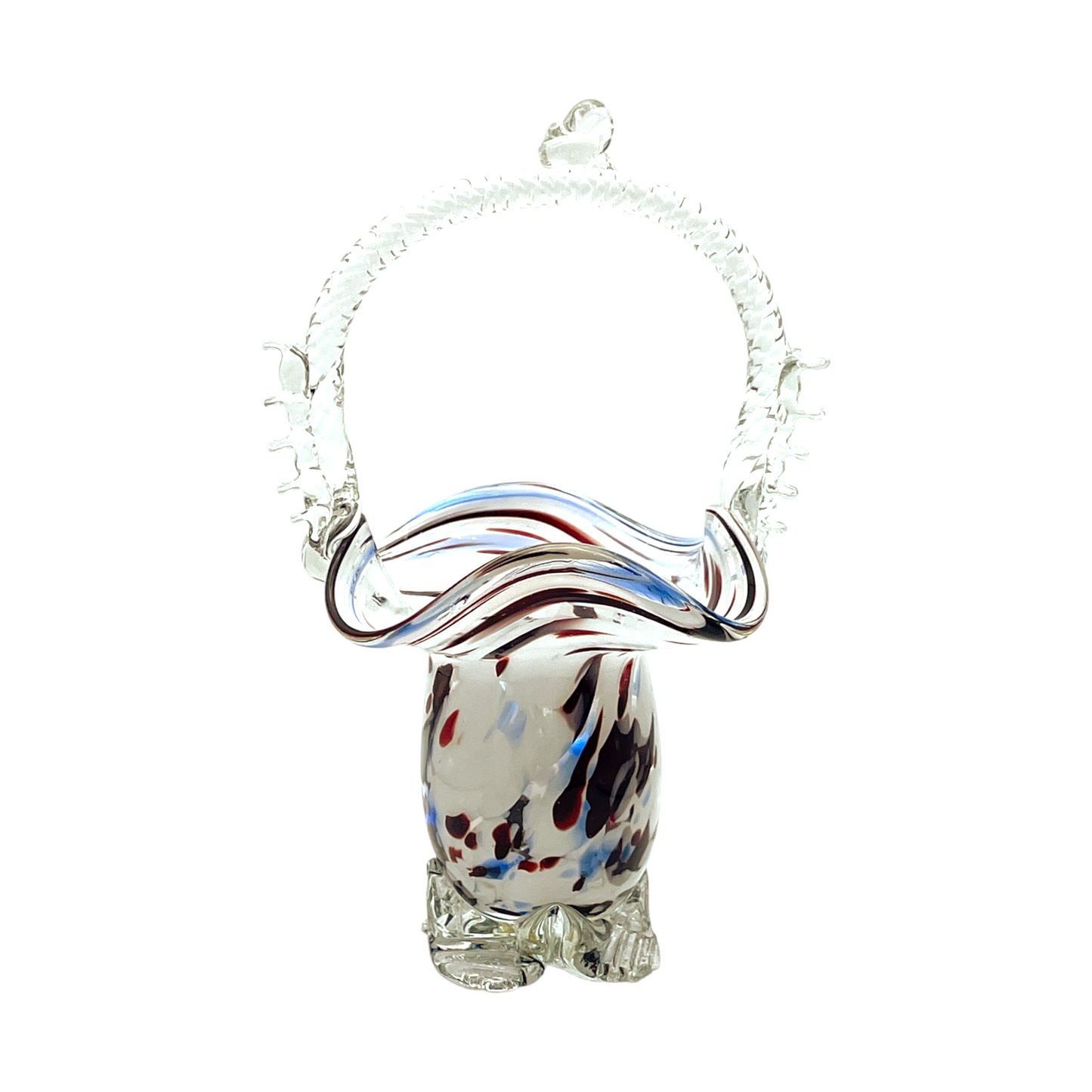 Vintage Murano Art Glass Basket - Splatter of Red, White, & Blue - 7"
