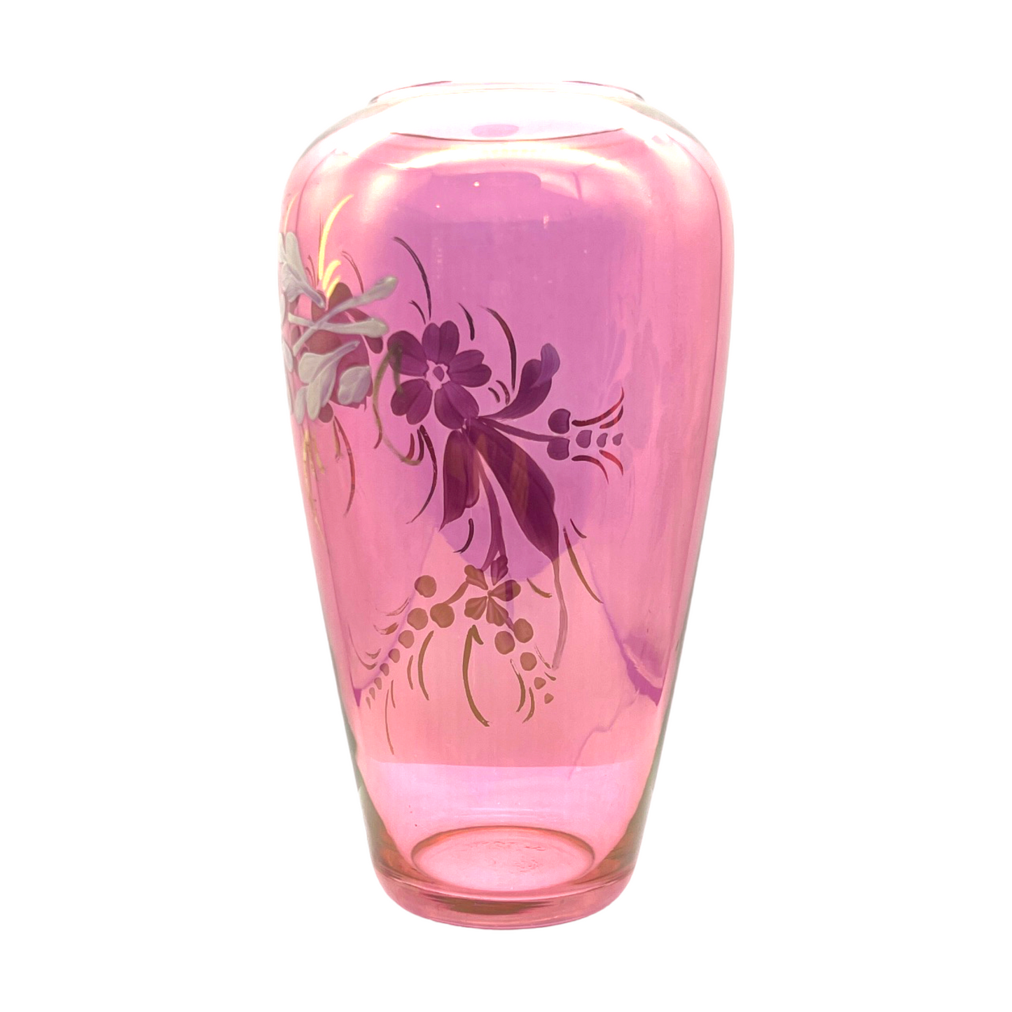 Elegant Vintage Cranberry Vase: Hand-Painted Beauty with Gold Accents