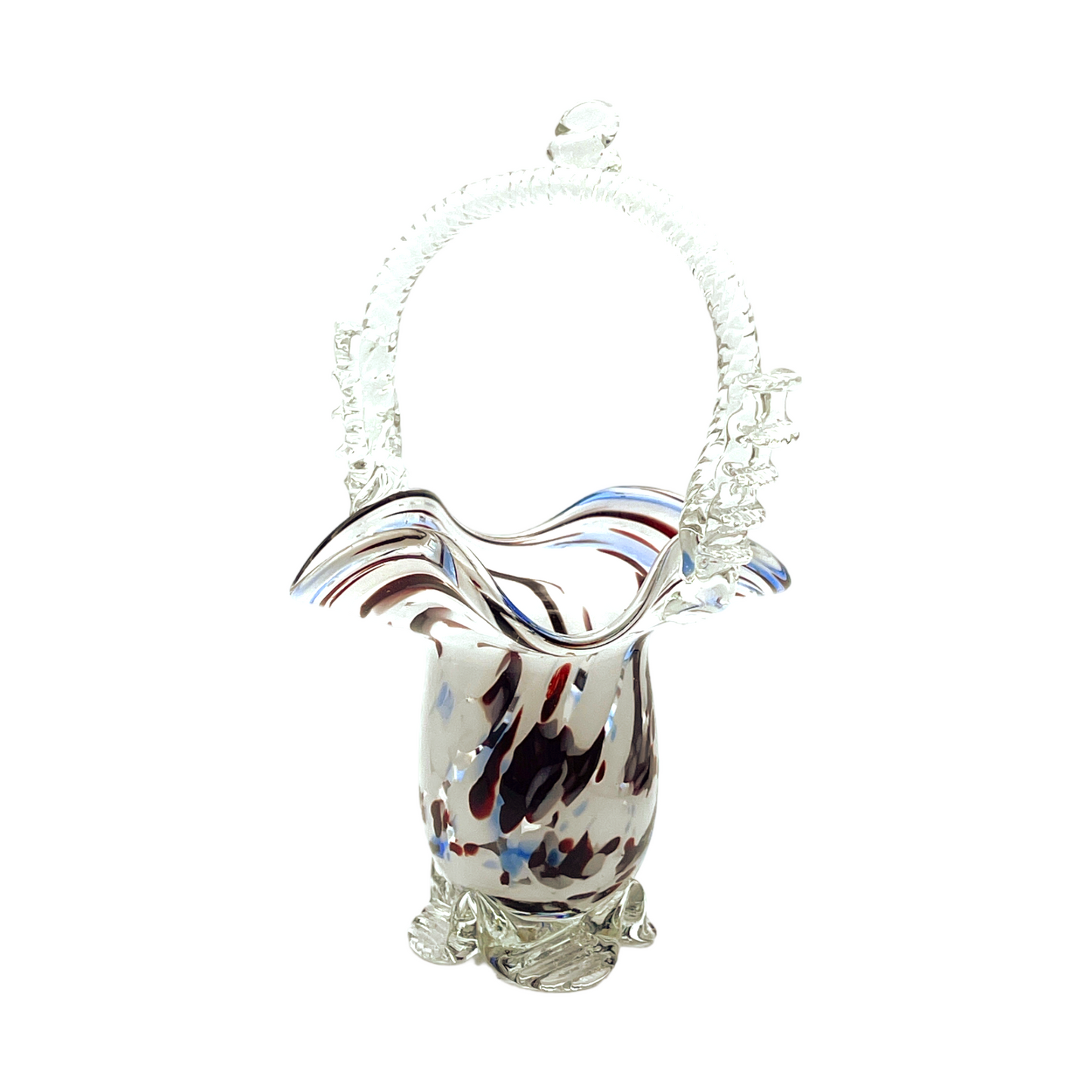Vintage Murano Art Glass Basket - Splatter of Red, White, & Blue - 7"