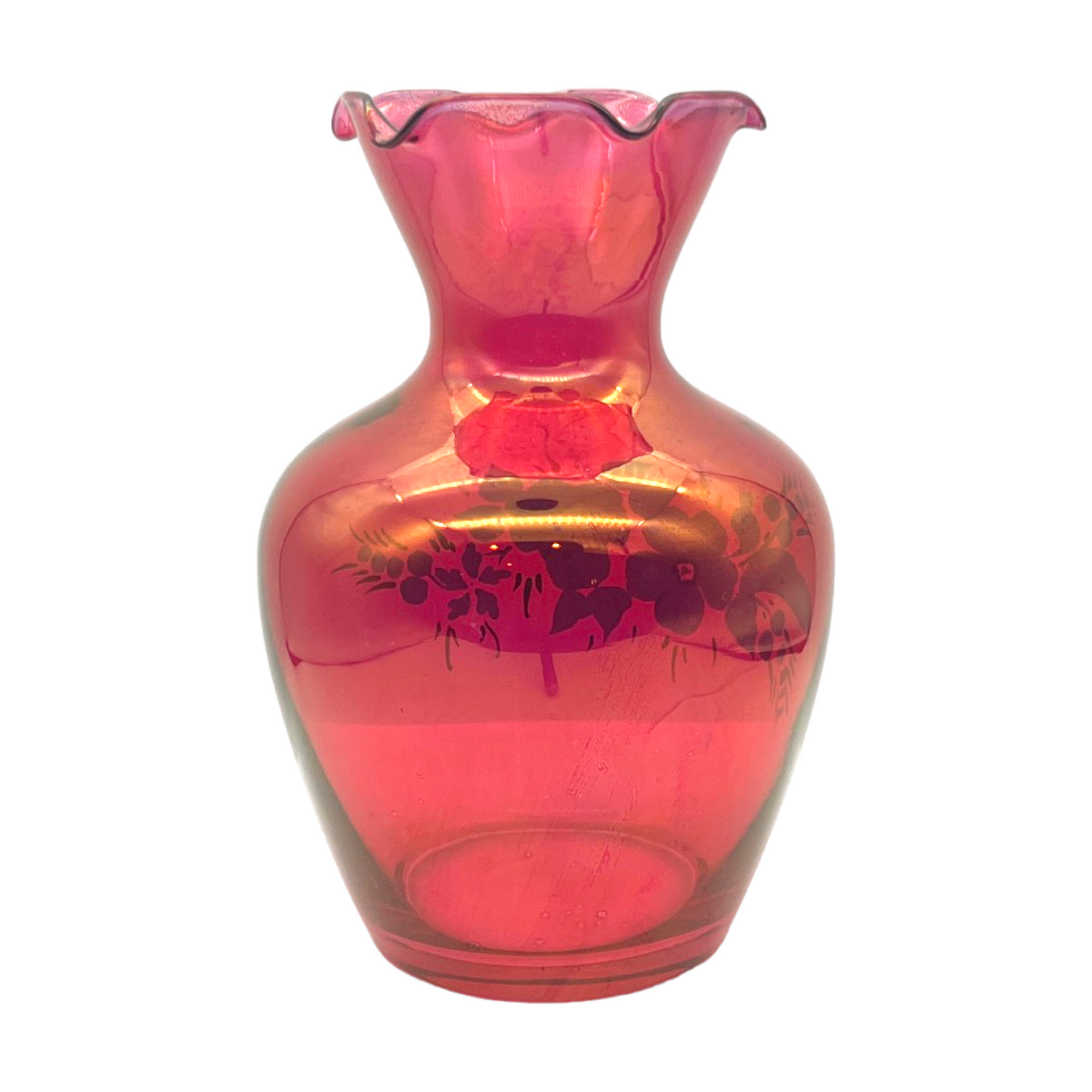 Melon Elegance - Hand Painted Cranberry Ruffle Edge Vase - 6.5"