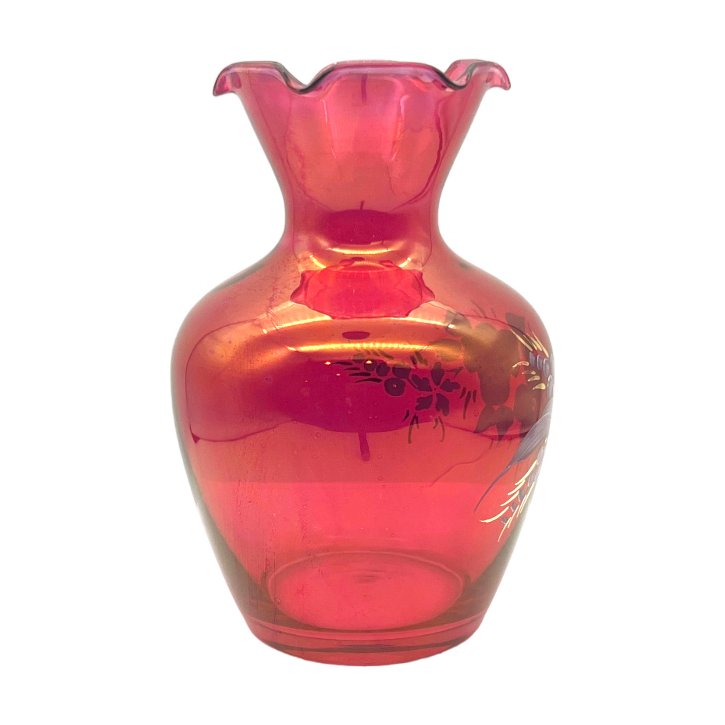 Melon Elegance - Hand Painted Cranberry Ruffle Edge Vase - 6.5"