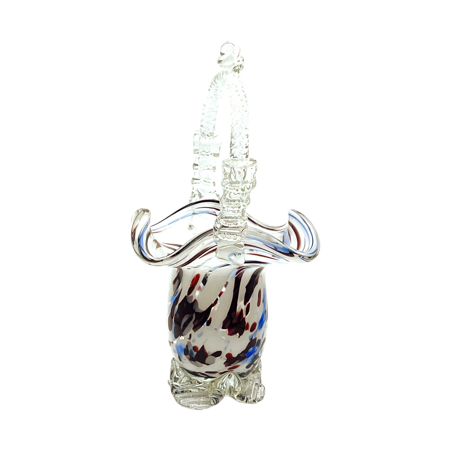 Vintage Murano Art Glass Basket - Splatter of Red, White, & Blue - 7"