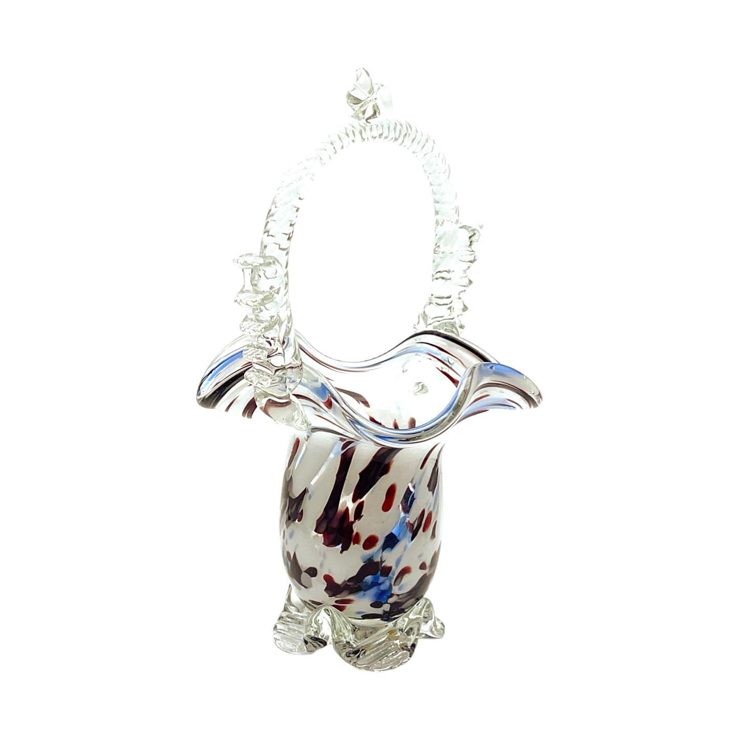 Vintage Murano Art Glass Basket - Splatter of Red, White, & Blue - 7"
