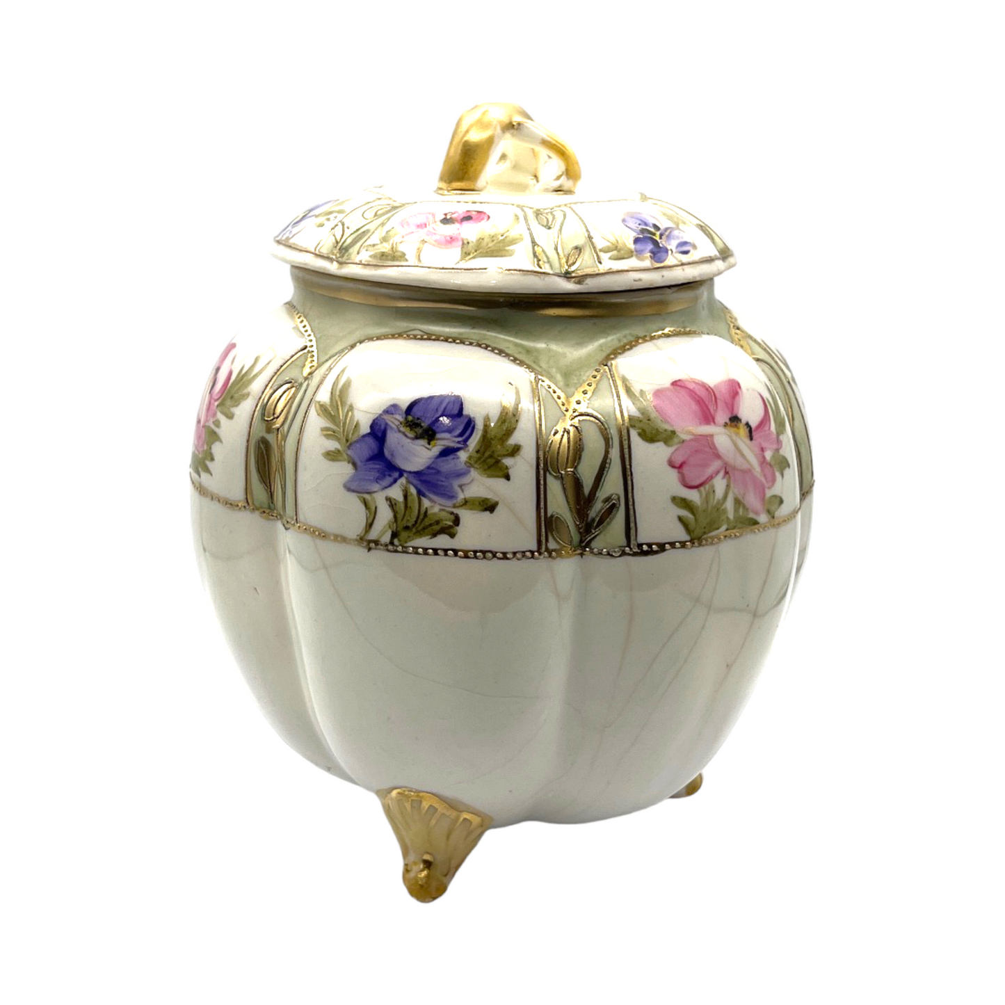 Nippin China - Biscut Jar Nouveau Gold Gilt & Floral Motif -1900's - 8"