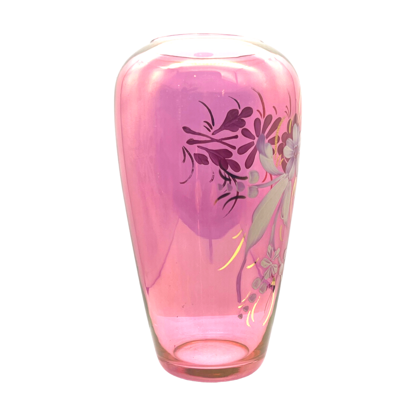 Elegant Vintage Cranberry Vase: Hand-Painted Beauty with Gold Accents