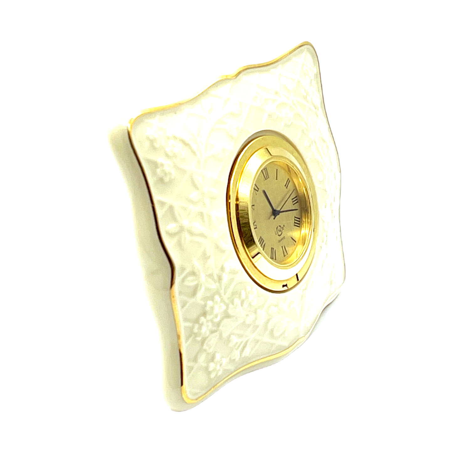 Lenox China - Floral Embossed Small Gold Tone Desk/Table Clock. - Vintage - 3"