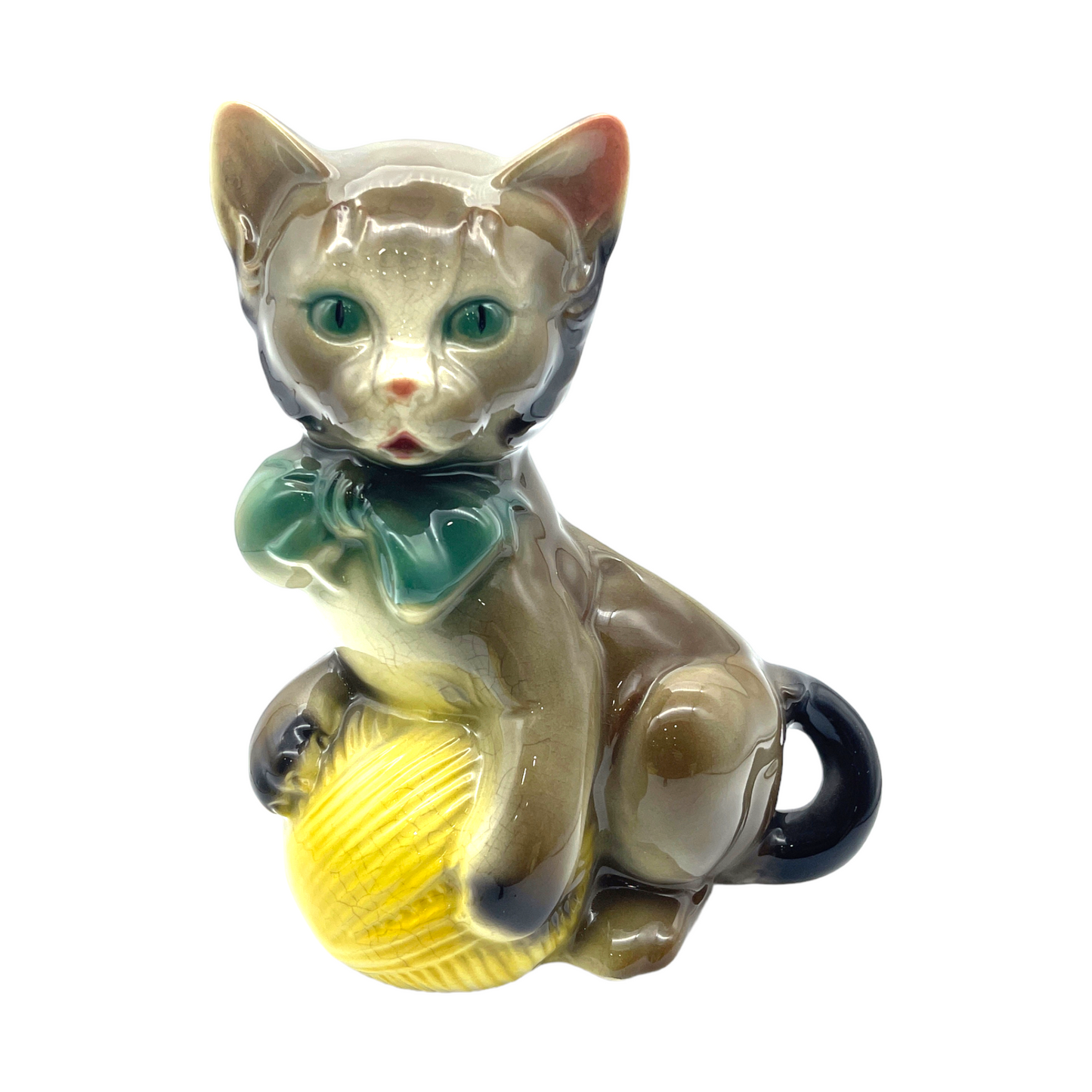 Royal Copley - Kitten With Yellow Ball Of Yarn Planter - Vintage - 8"