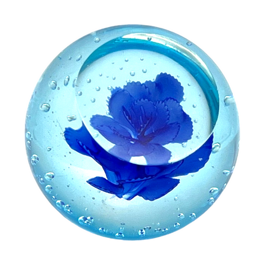 Murano Art Glass - Controlled Bubble Blue Flower Paperweight - 2.75"