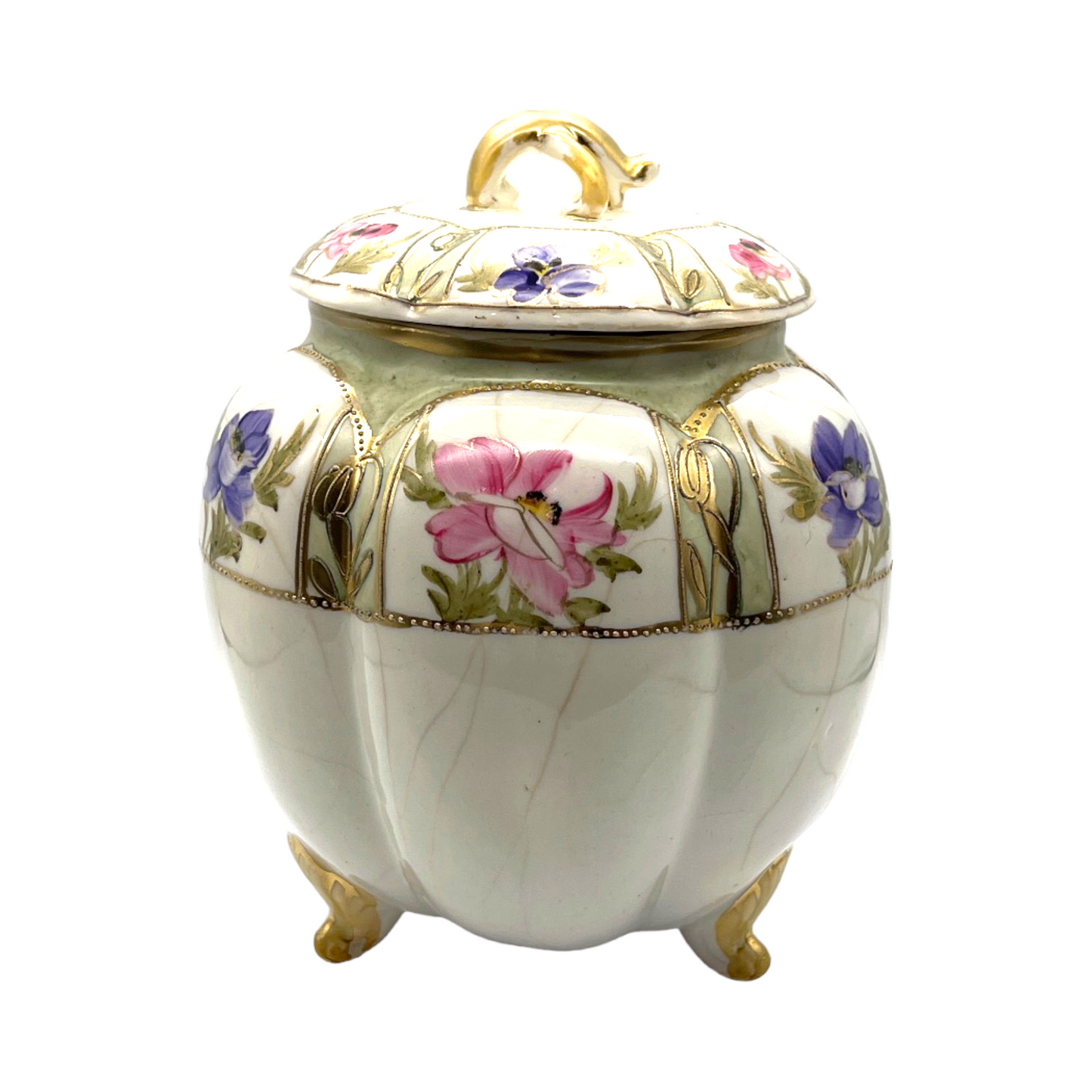 Nippin China - Biscut Jar Nouveau Gold Gilt & Floral Motif -1900's - 8"