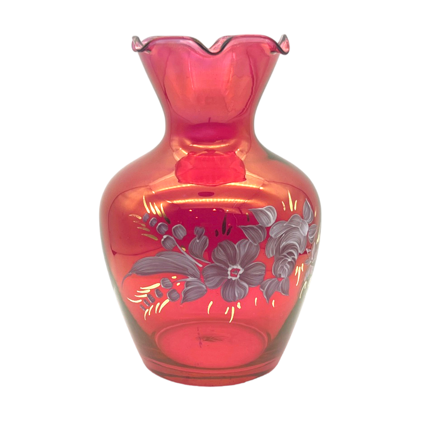 Melon Elegance - Hand Painted Cranberry Ruffle Edge Vase - 6.5"
