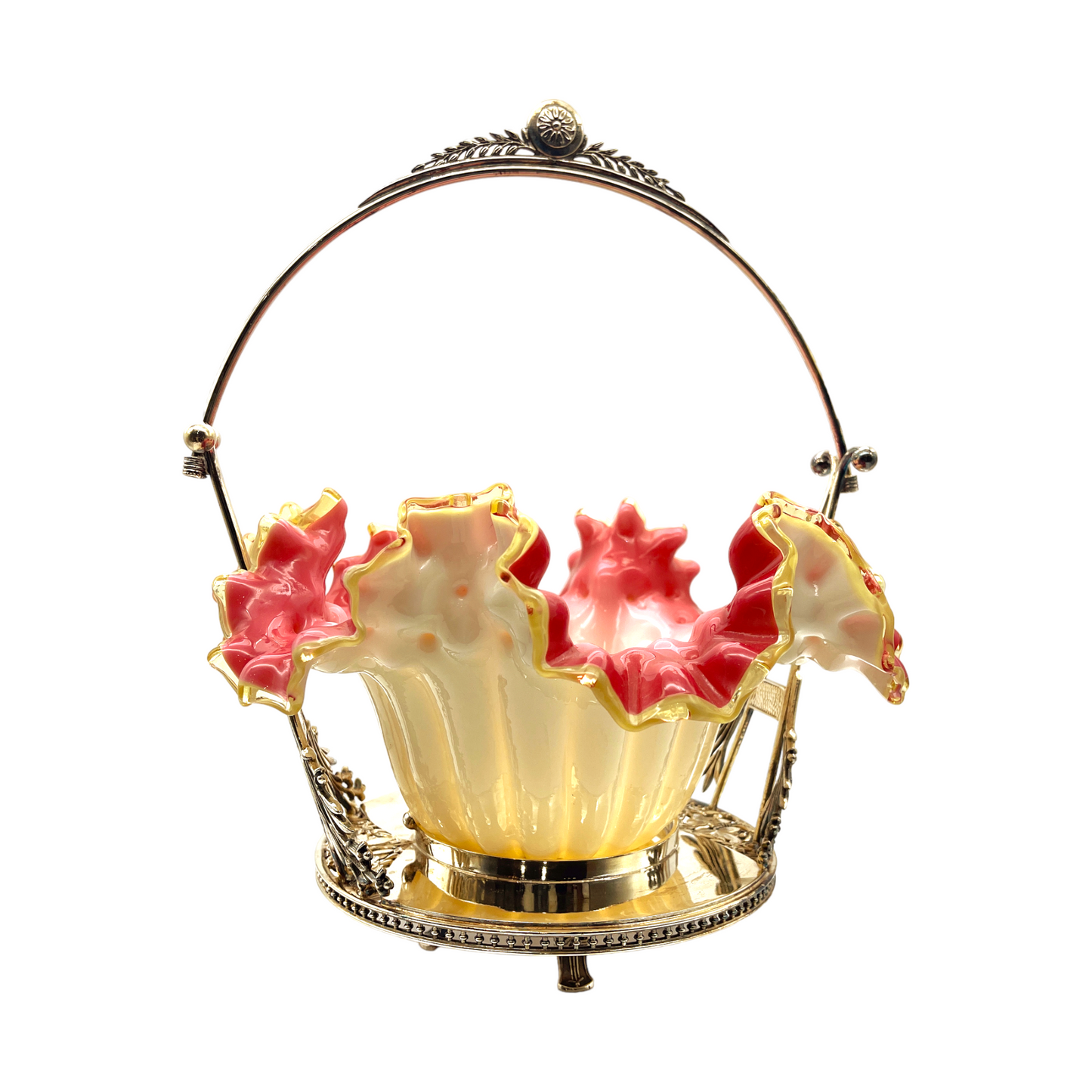Opalescent Elegance: Cranberry Cased Glass Bridal Basket