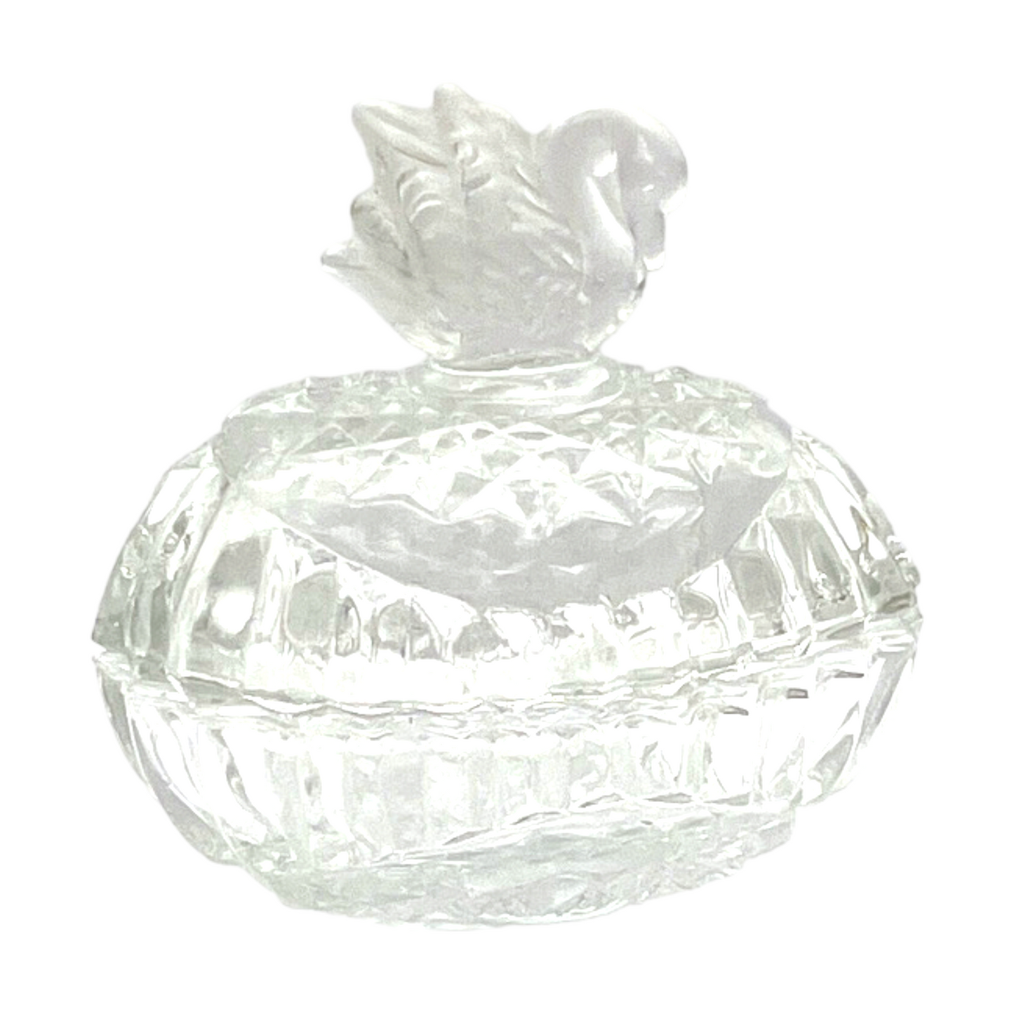 Pressed Glass Trinket Box With Frosted Swan - Vintage 3.5"