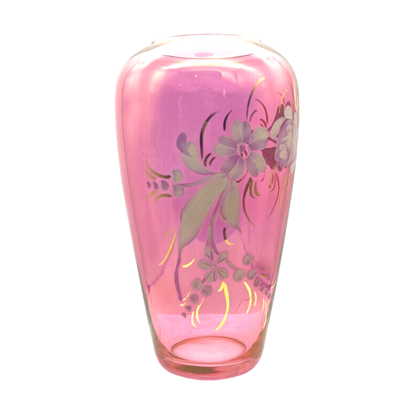 Elegant Vintage Cranberry Vase: Hand-Painted Beauty with Gold Accents