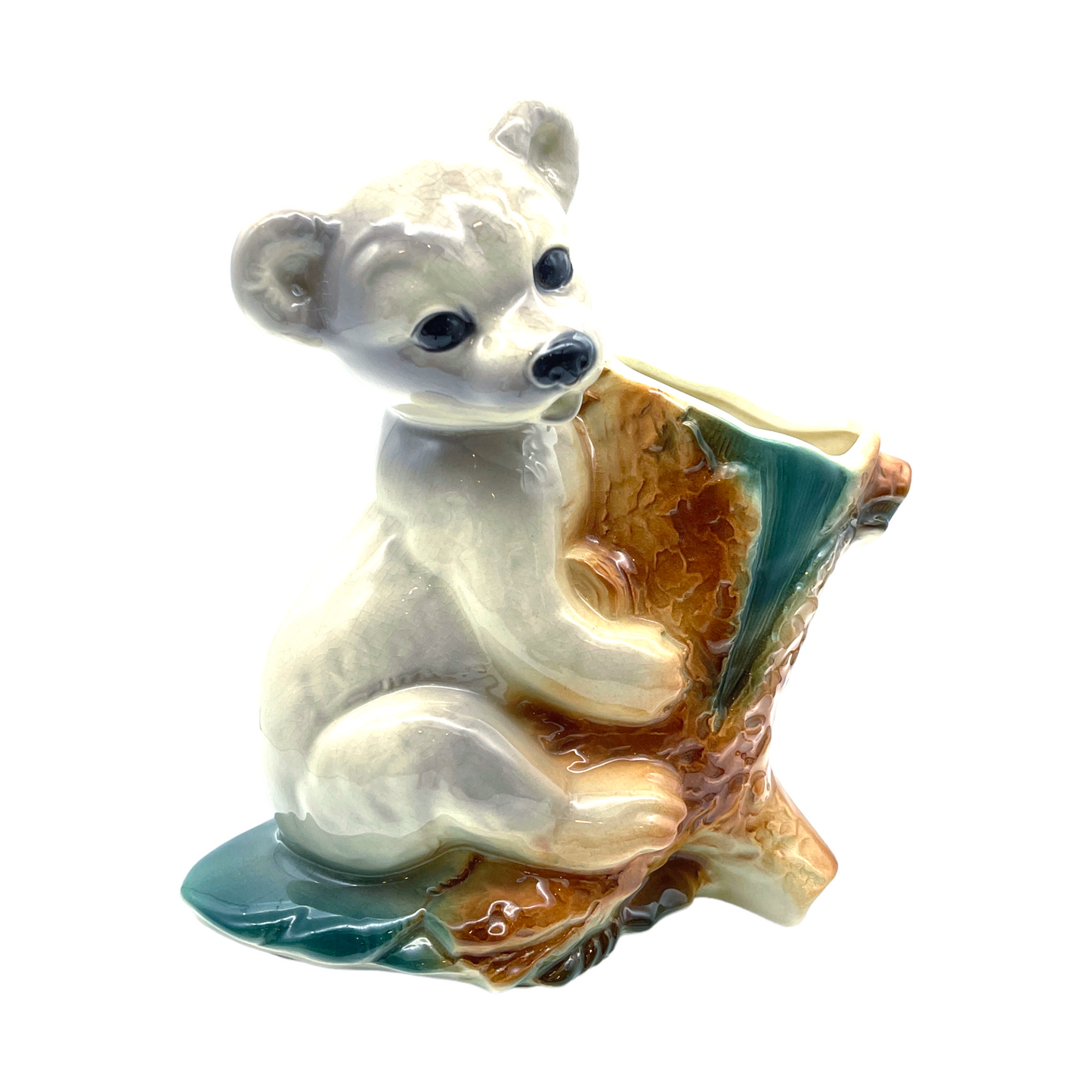Royal Copley - Bear Cub Clinging On Stump - 8.5"