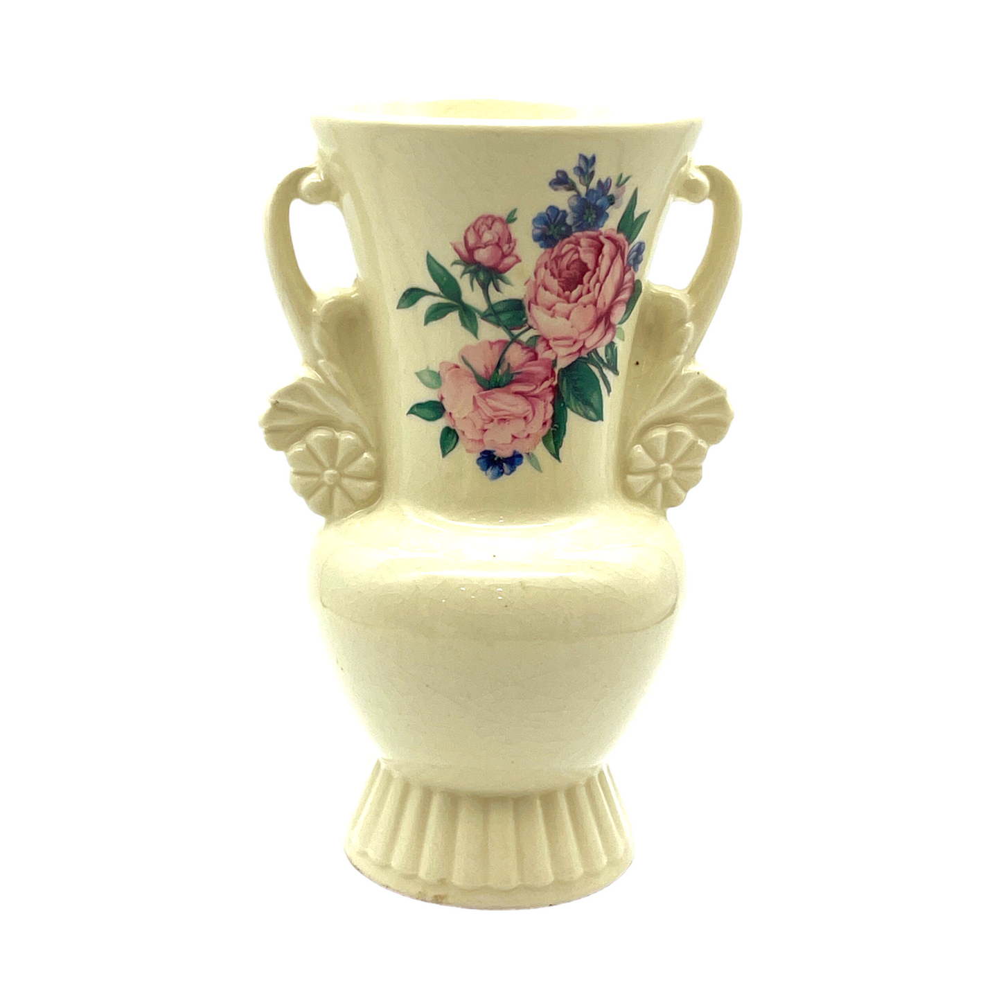 Royal Copley - Two Handle Decal Vase - Roses - Vintage - 6.25"
