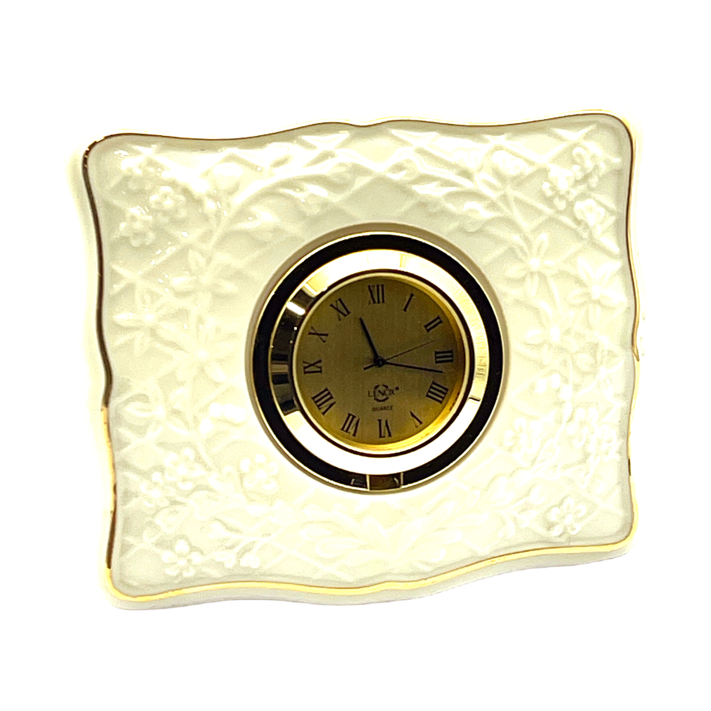 Lenox China - Floral Embossed Small Gold Tone Desk/Table Clock. - Vintage - 3"