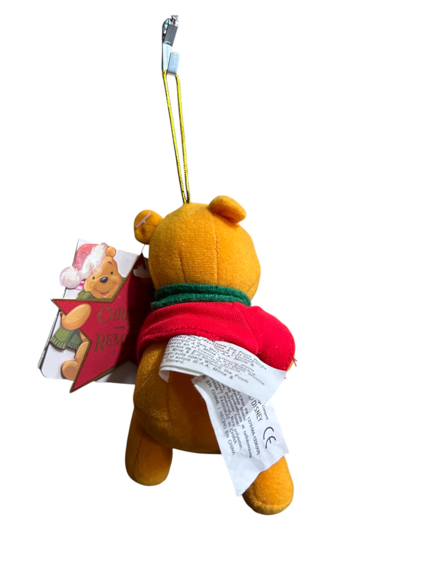 Disney Store - Winnie the Pooh Plush Christmas Ornament Holding Reindeer - With Tag - Vintage - 5"