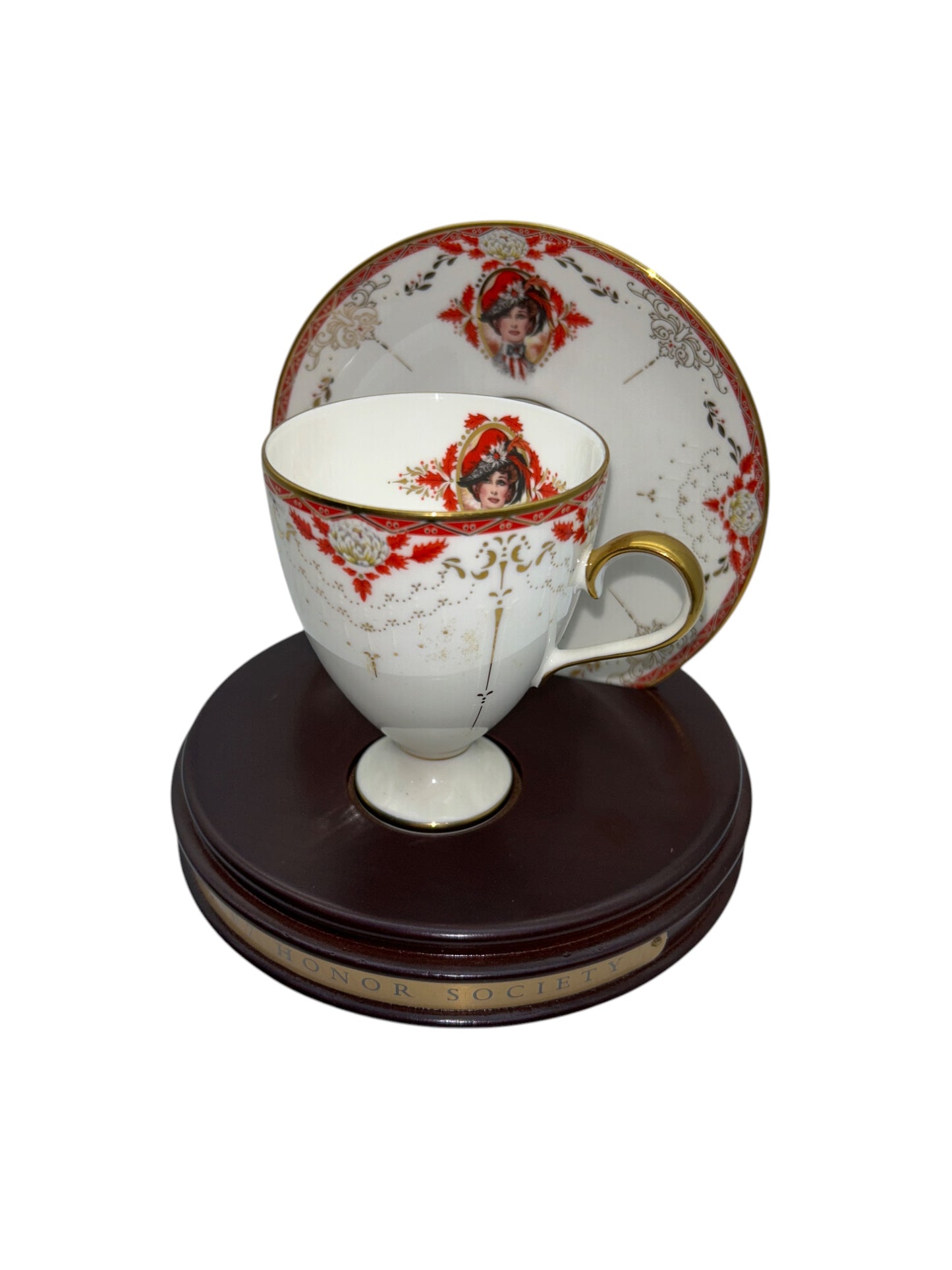 Avon - Honor Society - 1997 Commemorative Mrs. Albee Honor Society Tea Cup & Saucer Set with Stand - NWB - 6"