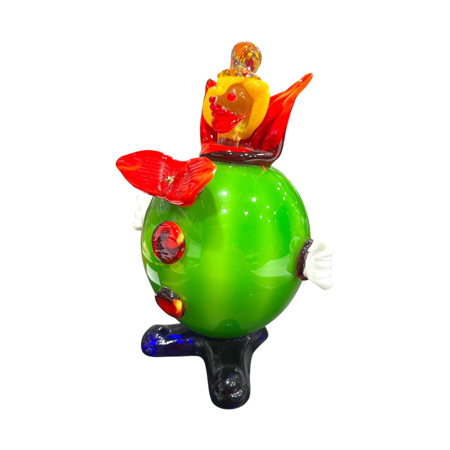 Murano Art Glass - Clown Green Fat Body With Red Squirting Bow Tie - 9.5"