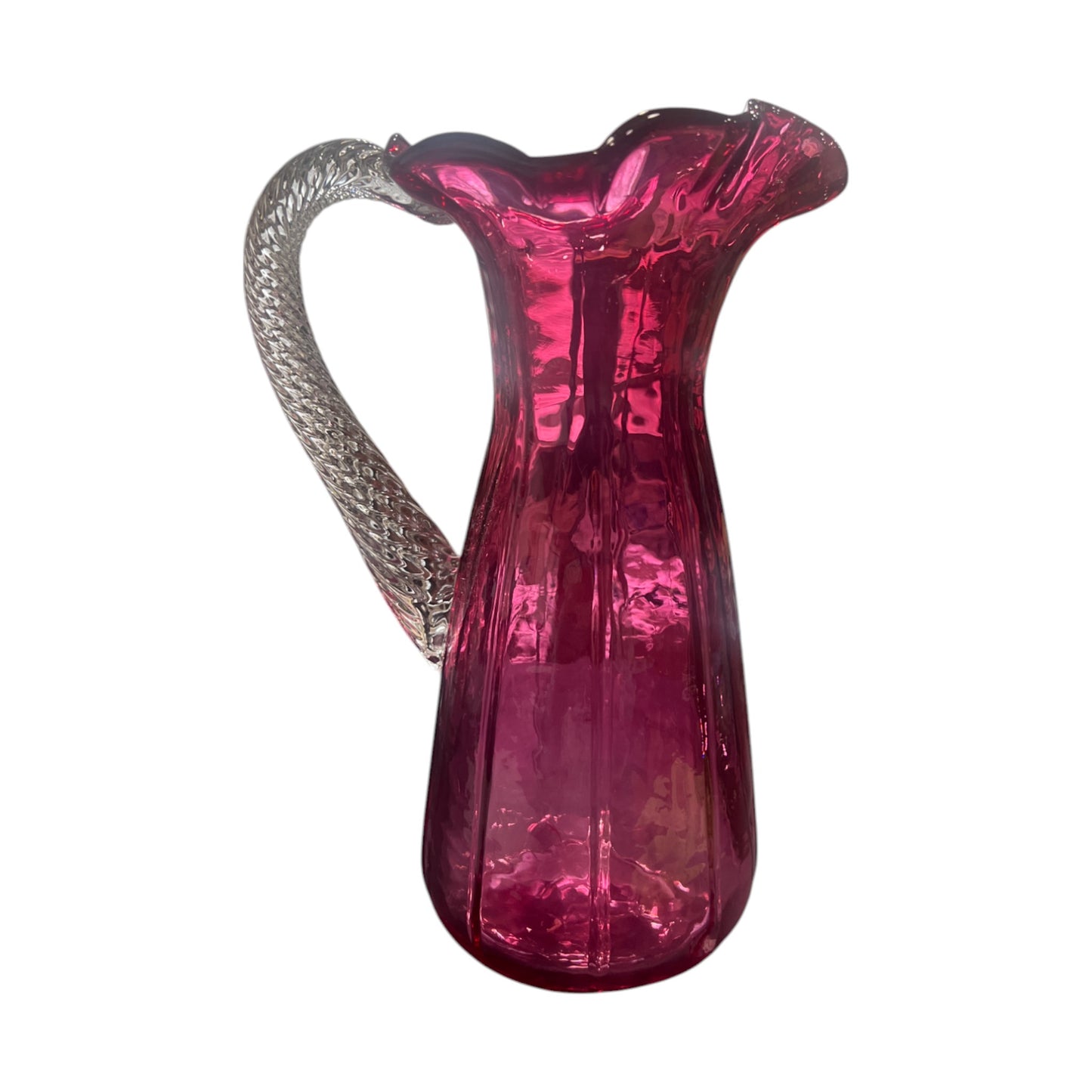 Cranberry Ruffle Top Pitcher With Swirled Handle - Vintage - 8.5"