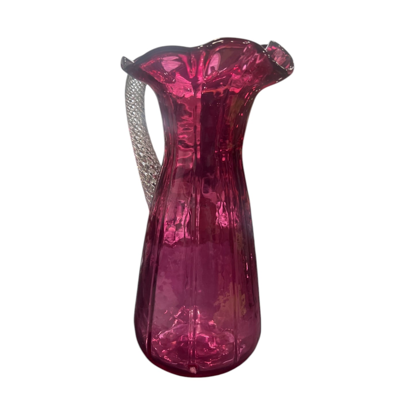 Cranberry Ruffle Top Pitcher With Swirled Handle - Vintage - 8.5"