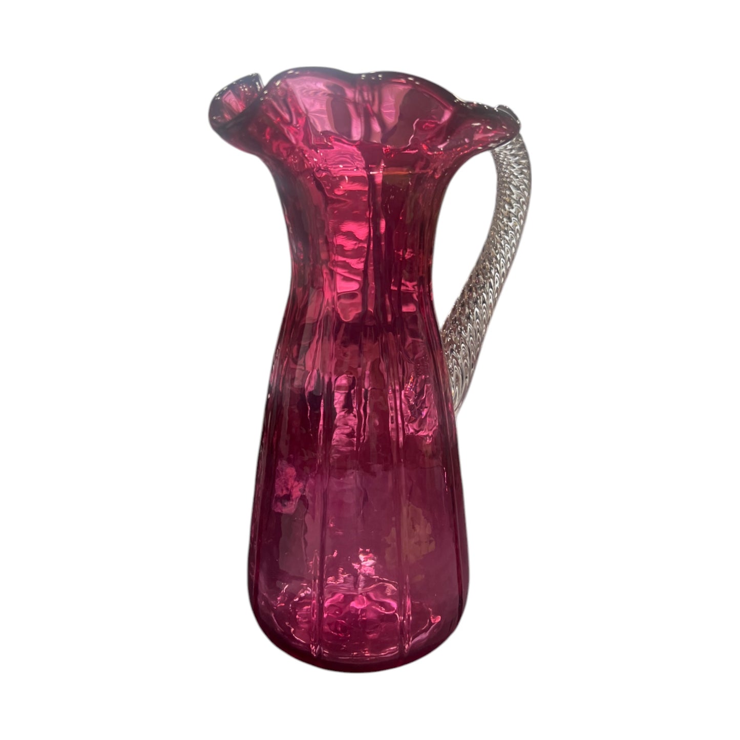 Cranberry Ruffle Top Pitcher With Swirled Handle - Vintage - 8.5"