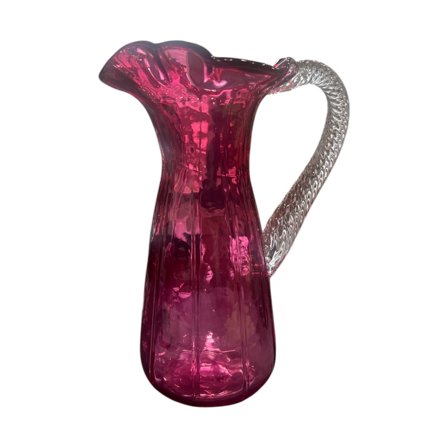 Cranberry Ruffle Top Pitcher With Swirled Handle - Vintage - 8.5"
