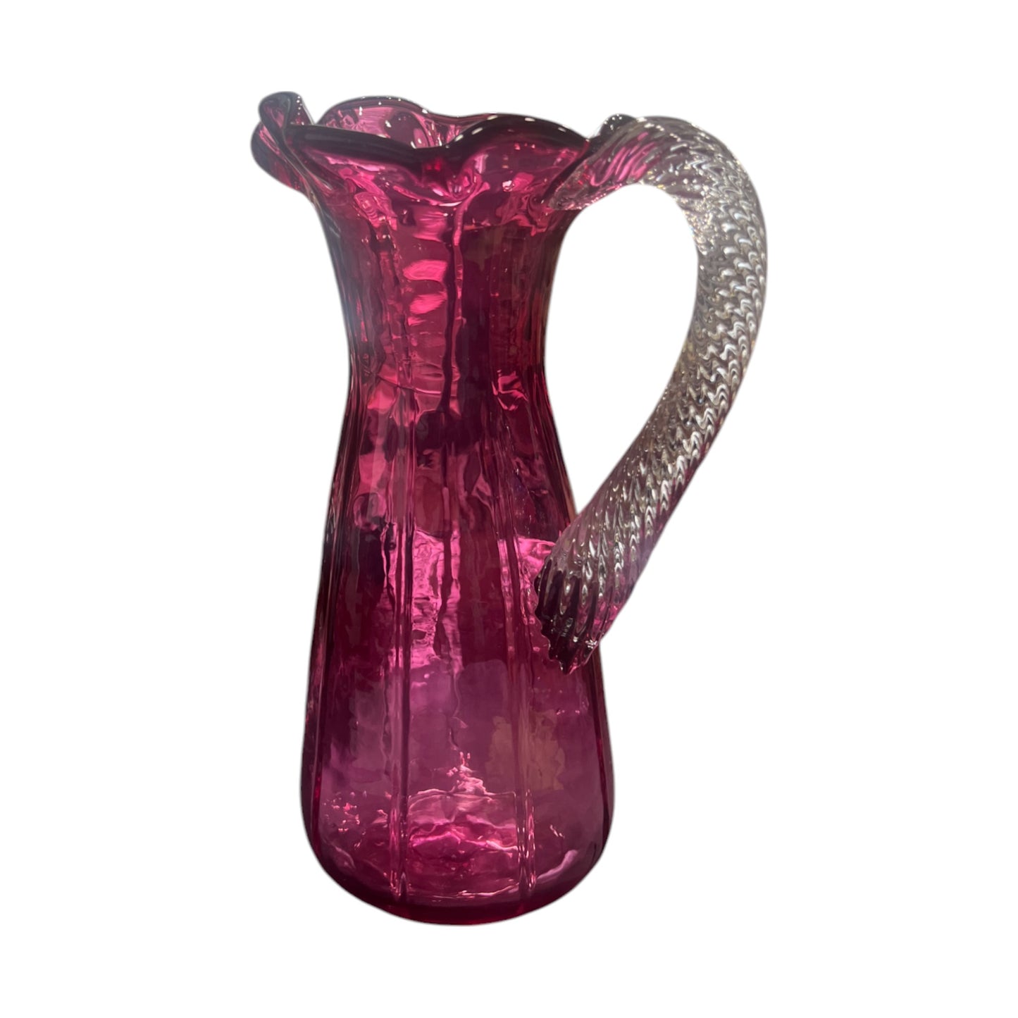 Cranberry Ruffle Top Pitcher With Swirled Handle - Vintage - 8.5"