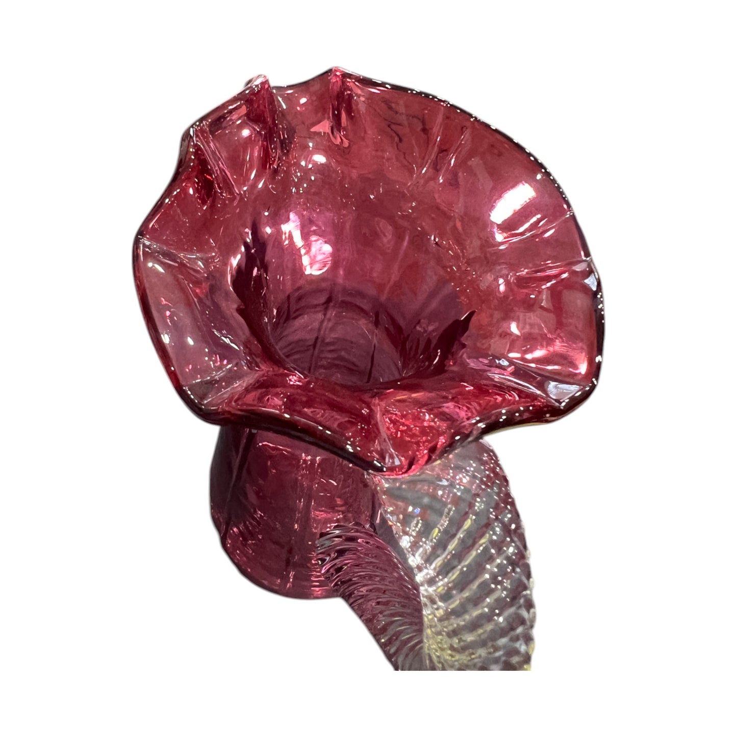 Cranberry Ruffle Top Pitcher With Swirled Handle - Vintage - 8.5"